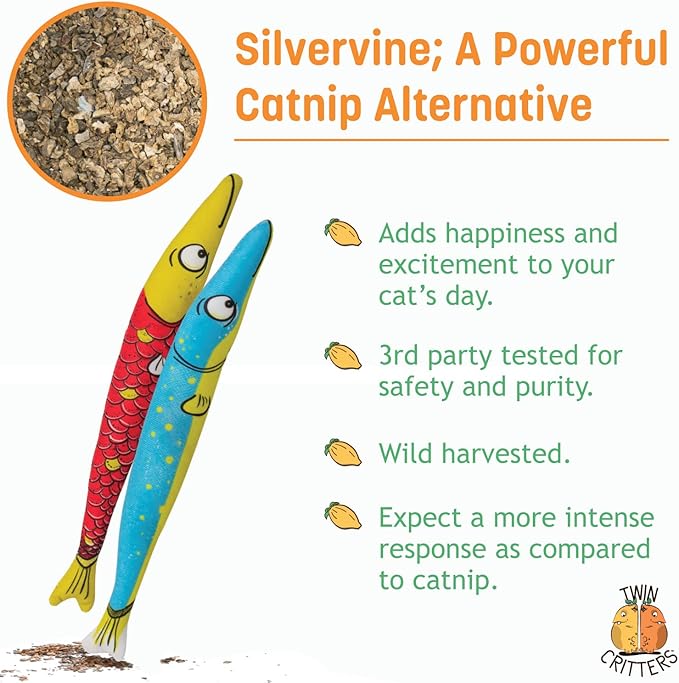 Silvervine Sardine 2-Pack Organic Catnip Substitute Toys for Cats & Kittens | 100% All-Natural Wild Harvested | 2 Refillable Sardine Kicker Cat Toys