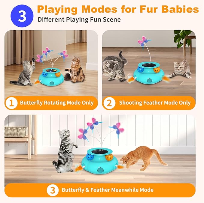 Interactive Cat Toys for Indoor Cats, 3in1 Pet Teaser Toy with Ambush Feather Wand, Fluttering Butterfly and Track Balls, Touch Activated Automatic Kitten Rechargeable Toys