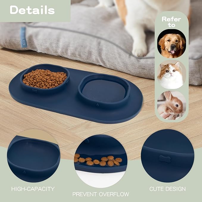 Dog Food Bowls Pet Bowls & Dog Water Bowls with No-Spill and Non-Skid, Feeder Bowls with Dog Bowl Mat for Small Medium Large Size Dogs Cats Puppy Pets, Dog Dishes (Blue)