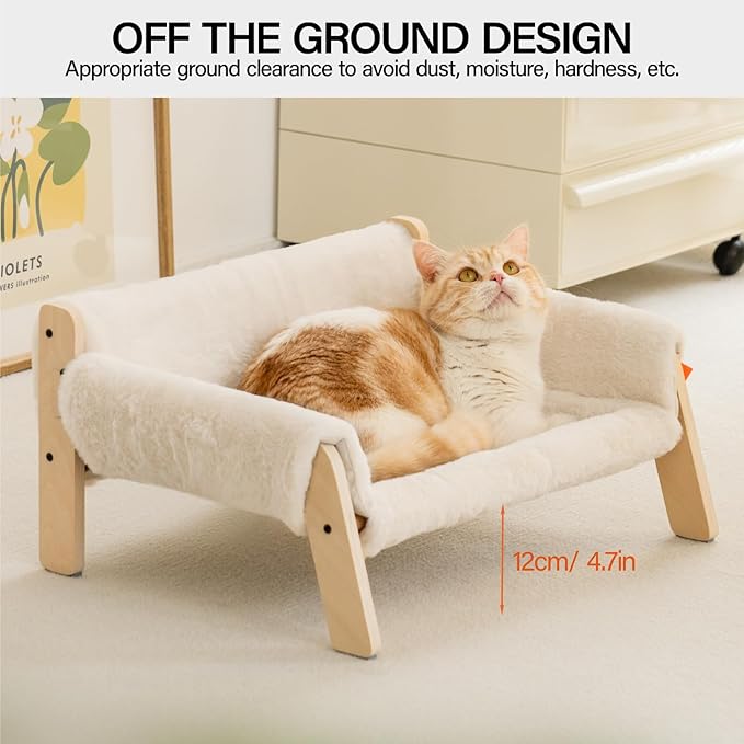 MEWOOFUN Cat Couch Bed, Pet Sofa for Indoor Cats Wooden Indoor Elevated Cat Beds with Removable Mattress Cover Suitable for Kitty, Puppy or Small Animal (White, Medium)