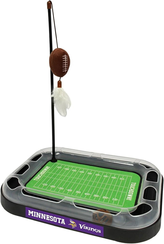 Pets First Cat Ball Bell Minnesota Vikings Football Field CAT Scratcher Toy with Catnip Filled Plush Football Toy & Feather Cat Toy Hanging, Jingle Bell Interactive Ball Cat Chasing 5-in-1 Kitty Toy