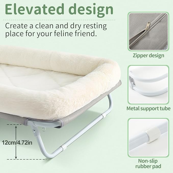 Sunhoo Elevated Cat Bed Foldable Raised Pet Hammock Self-Supporting Puppy Lounger with Off Floor Metal Frame Washable Cover for Small Dog Kitten Indoor Use 25.2x15.75x7.48 in (White)