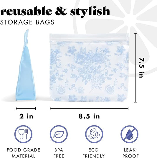 Fit & Fresh Reusable PEVA Storage Bags 3 Pack, Reusable Food Storage Bags, LeakProof, Durable, Sandwich Bags, Freezer Safe, Hand Wash, Easy to Clean, Eco-Friendly, Blue Floral Toile