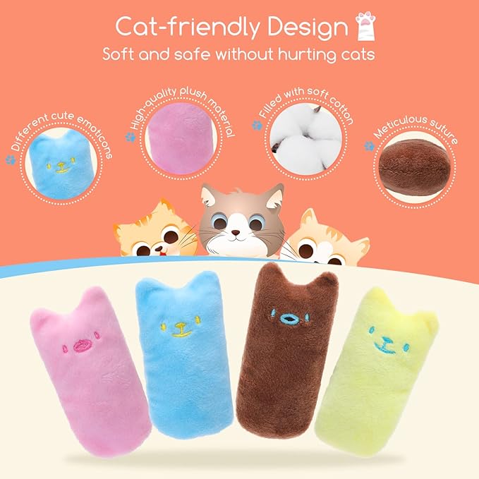Nobleza Kitten Toys for Indoor Cats, 4 Pack Catnip Cat Teething Chew Toys with Crinkle Paper, Soft Plush Interactive Toy Funny Cute Birthday Gift for Kitty Kicking & Playing, Brown/Blue/Pink/Yellow