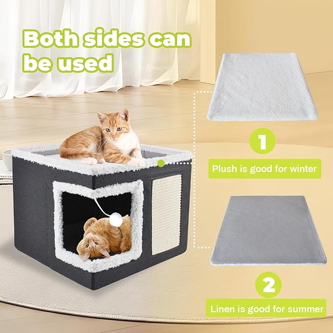 Cat Bed for Indoor Cats Cube House,Large Covered Cat Beds Cave & Furniture with Fluffy Ball and Scratch Pad Foldable Hideaway Nest & Condo with Washable Mat for Kitten Kitty Small Pet(Grey)