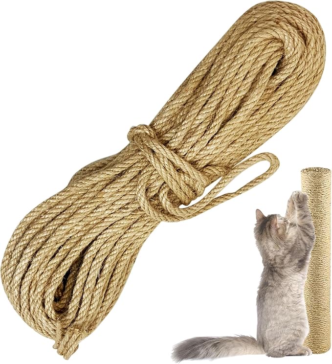 Cat Natural Sisal Rope for Scratching Post Tree Replacement, Hemp Rope for Repairing, Replacement Cat Tree and Tower (6 mm 66 Ft)