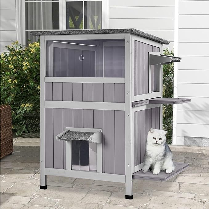 Outdoor Cat House Weatherproof, 2-Storys Feral Cat House with 2 Escape Doors and Window, Stray Cat Shelter with 2 Large Side Doors and Removable Floor