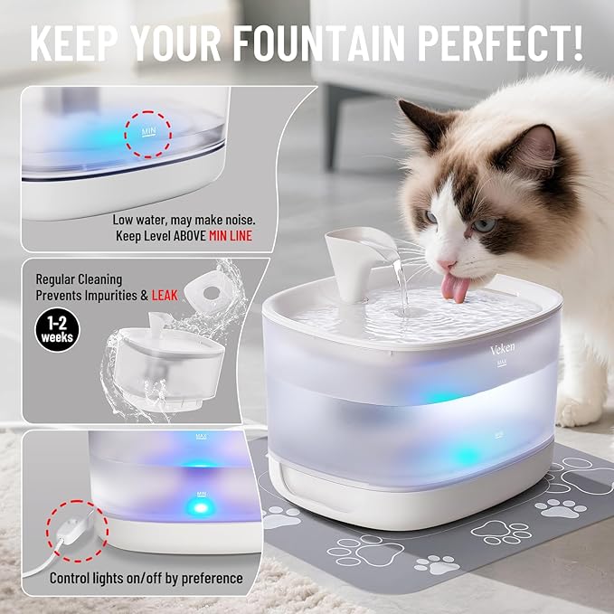 Veken Cat Water Fountain with Detachable Tank, Easy to Clean & Assemble, 84oz/2.5L Automatic Pet Drinking Dispenser with Quiet Operation & LED Light for Cats, Dogs and Small Pets, White