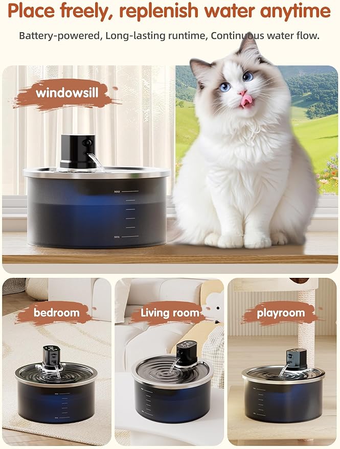 Stainless Steel Wireless Cat Water Fountain 3.2L/108oz Automatic Cat Water Dispenser 4000mAh Battery Operated Large Capacity Pet Water Fountains for Cats Dogs (Black Classic)