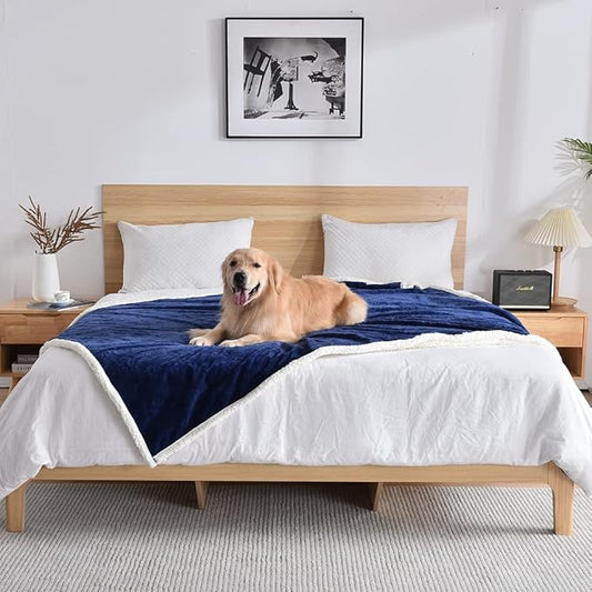 Qeils Dog Blankets for Large Dogs - Waterproof Cat Blanket Washable - Sherpa Fleece Puppy Blanket, Soft Plush Reversible Throw Protector for Bed Couch Car Sofa, 60"X80", Navy Blue