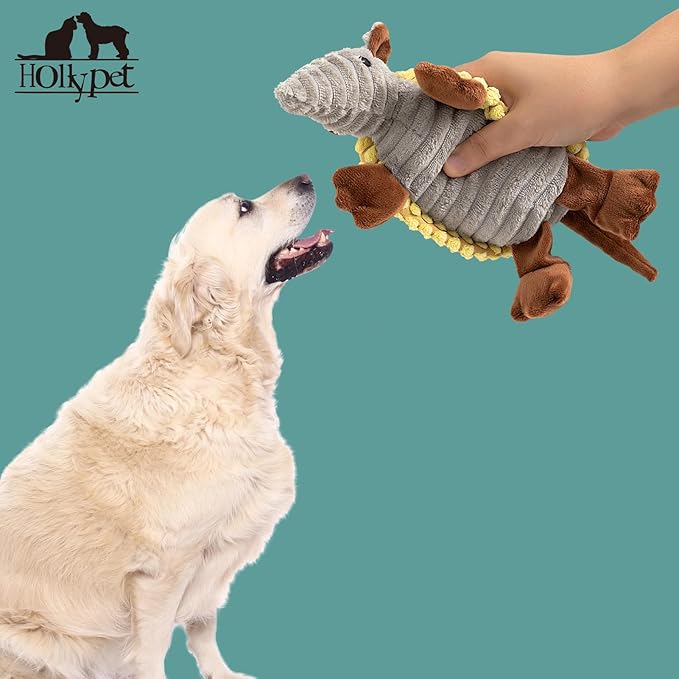 Hollypet Plush Dog Squeaky Toy Stuffed Armadillo Animal Pet Puppy Chew Toys with Clean Teeth for Small Medium Large All Breed Sizes Dogs, Yellow, 8 in