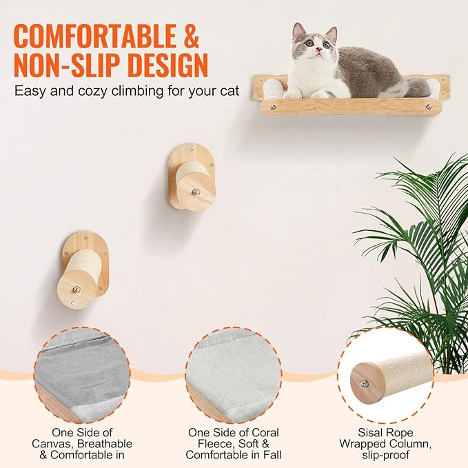 VEVOR Wall Mounted Cat Shelves, Perches with Jumping Posts & Hammocks, Cat Furniture Set up to 40 lbs, Removable & Washable Coral Fleece for Sleeping, Playing, Climbing, Set of 4