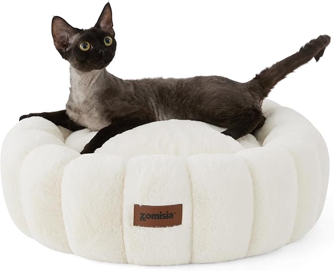 Plush Donut Kitten Beds, Round Small Dog Bed for Puppies, Anti-Slip Bottom, Beige