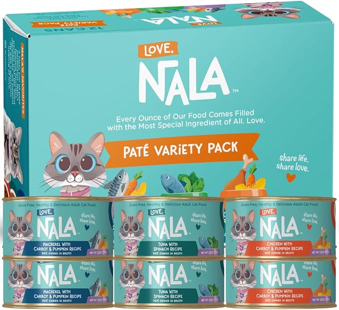 LOVE, NALA - Natural Adult Cat Wet Food - Pate Variety Pack - Tuna, Chicken, Mackerel - Grain Free, Non-GMO, Fiber Blend, Minerals, Vitamins - 12 Pack 2.1 lbs.