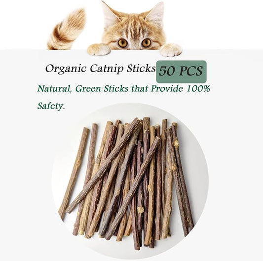 Ueerdand 50 PCS Catnip Sticks Organic Kitty Chew Toys Natural Plant Matatabi Silvervine Chew Sticks Kitten Teeth Cleaning Chew Toy