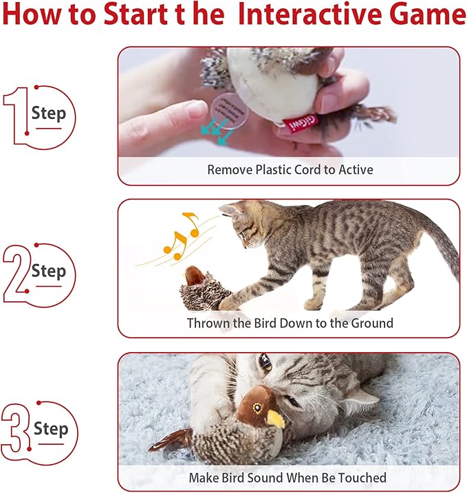 Gigwi Interactive Cat Set - Squeaky Feather Toys for Indoor Cats, 3PCS Plush Pack Including Mouse Hunt, Chase Bird, and Chirping Bee