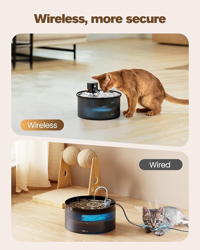 Battery Operated Cat Water Fountain: Wireless Pet Fountain with Filter - 108oz/3.2L Cordless Cat Dispenser with Motion Sensor Rechargeable Automatic Drinking Fountains for Cats Indoor - Plastic Model