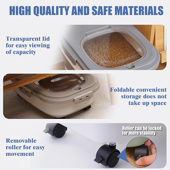 Collapsible Dog Food Storage Container with Lids, Airtight Rice Flour Cereal Sugar Cat Pet Bird Seed Containers Dispenser Bin Bucket with Rolling Wheel, 20 25 30 Lbs Plastic Sealable Kitchen Holder