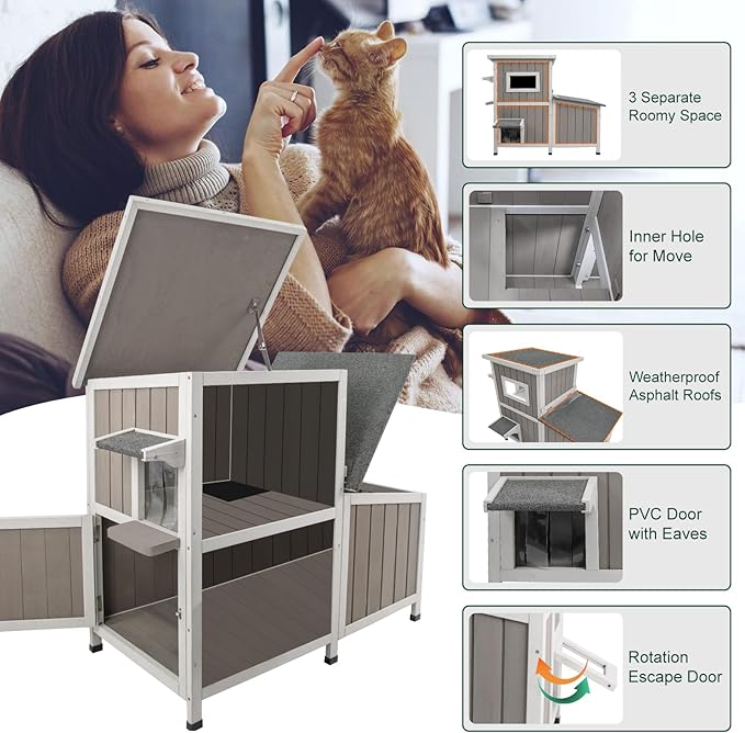 Cat House Outdoor Cat Shelter for 2-3 Feral Cats Two Story Wooden Cat Houses for Outside Cats Weatherproof in 3 Rooms,with Asphlat Roofs 3 Escape Doors Acrylic Window Easy Assemble