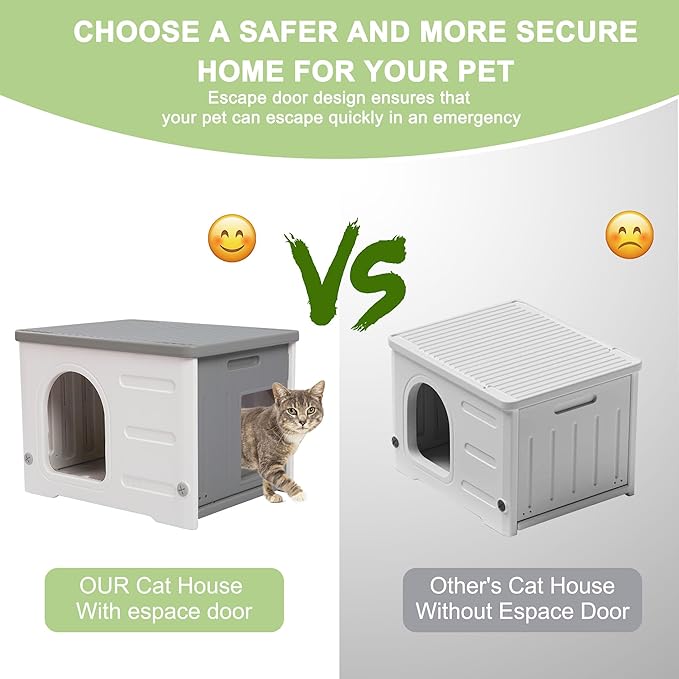 Deblue Plastic Cat House for Indoor & Outdoor, Waterproof Feral Cat House with Escape Door, Sturdy Pet Shelter for Cats, Puppy, Rabbit, Easy to Assemble and Clean-Grey