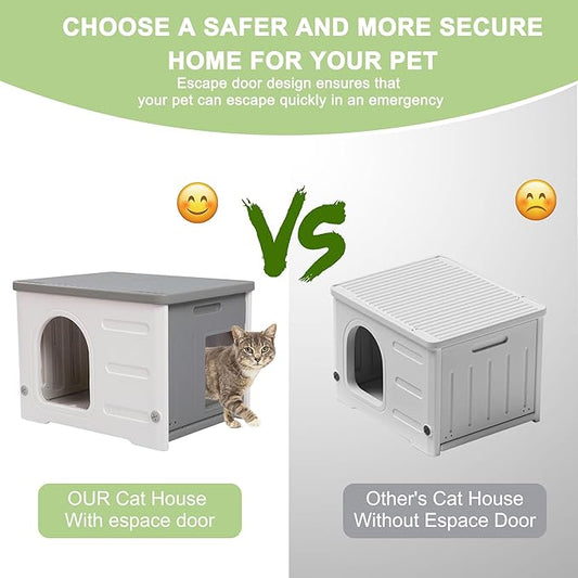 Deblue Plastic Cat House for Indoor & Outdoor, Waterproof Feral Cat House with Escape Door, Sturdy Pet Shelter for Cats, Puppy, Rabbit, Easy to Assemble and Clean-Grey