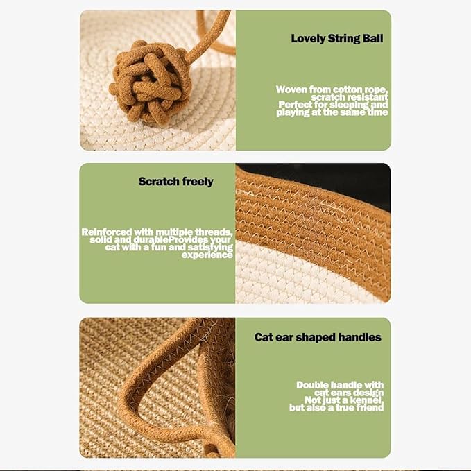 Cutypet Cat Basket, Cuty Pet Basket, Handwoven Cotton Rope Cat Bed, cat Scratch Bed with Built-in Teasing Ball, Breathable & Easy to Clean and Detachable Pad (Brown with Cushion, Large)