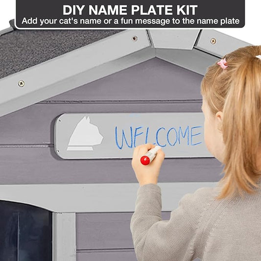 Outdoor Cat House for Feral Cats, Wooden Cat Shelter with Weatherproof Roof and Large Balcony