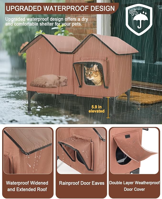 Extra Wide Large Heated Cat House for Outside, Elevated Waterproof Outdoor Cat House Weatherproof for Winter, Insulated Outdoor Cat Shelter with Escape Doors and Heating Pad for Multiple Cats, Brown