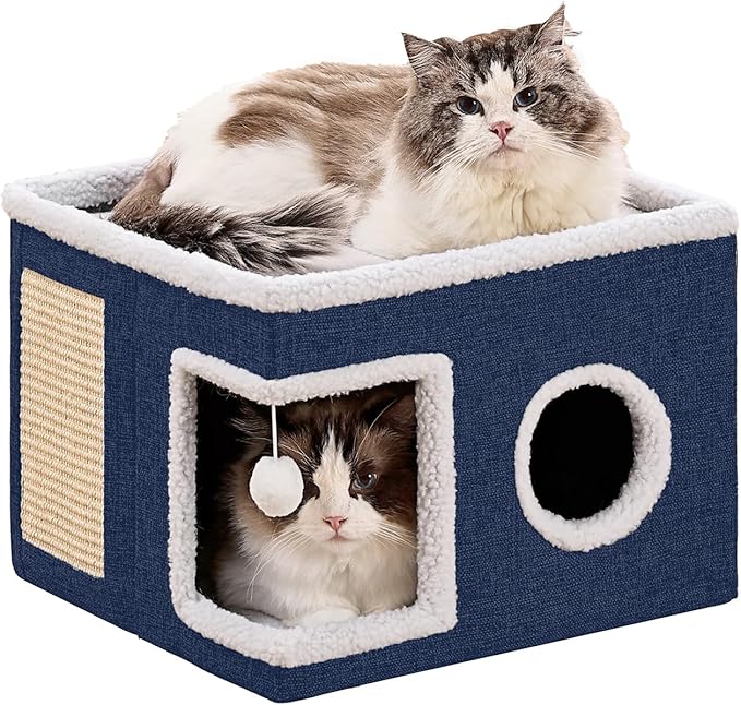Cat Beds for Indoor Cats Houses, Large Cat Cave with Fluffy Ball and Scratch Pad, Foldable Cat House with Hideaway Tent for Kitten,Grey (SingleAB, Large)