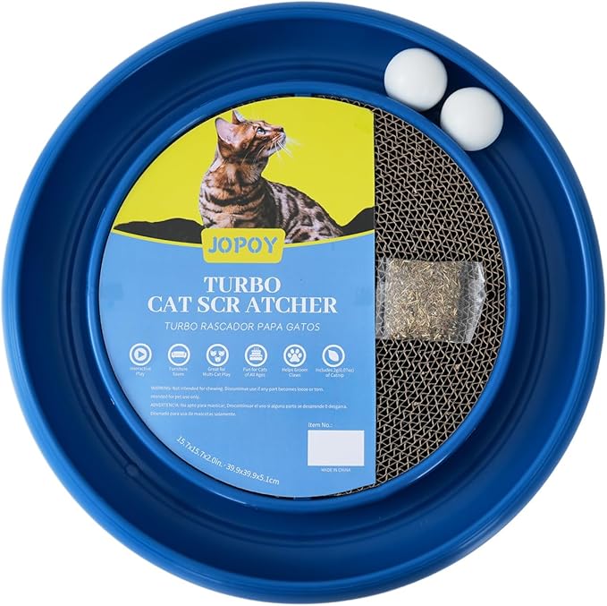 Interactive Cat Scratcher with Two Rotating Balls,Durable Scratch Pad for Indoor Play,Cardboard Cat Scratcher Pad with Cat Toy Ball Track and Catnip,2-in-1 Cat Toy (Blue)
