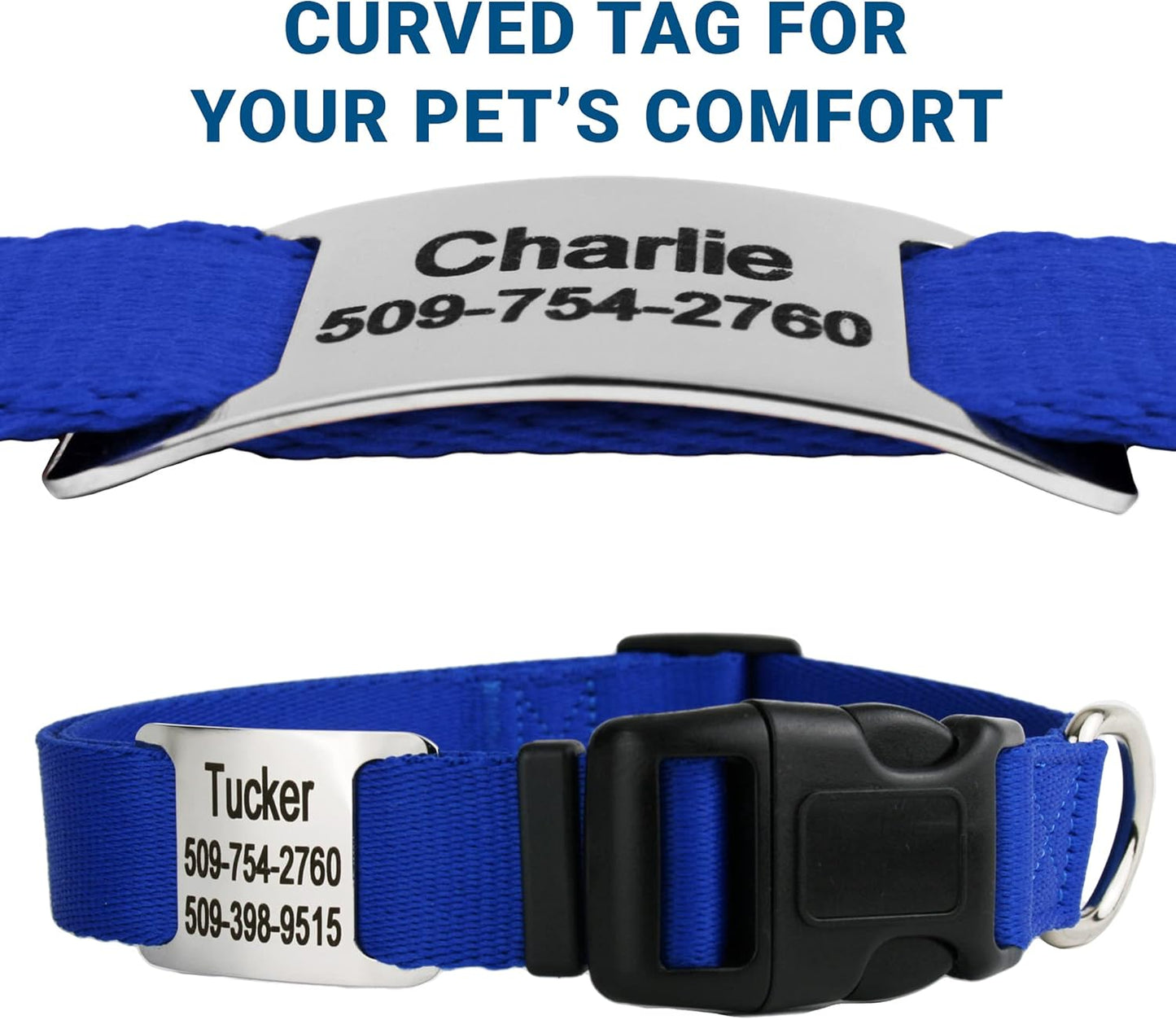 GoTags Personalized Dog Collar with Nameplate, Adjustable Dog Collar with Custom Engraved Slide On Pet ID Tag in Stainless Steel, Silent, No Noise Dog Tag for Large Medium and Small (Blue, Small)