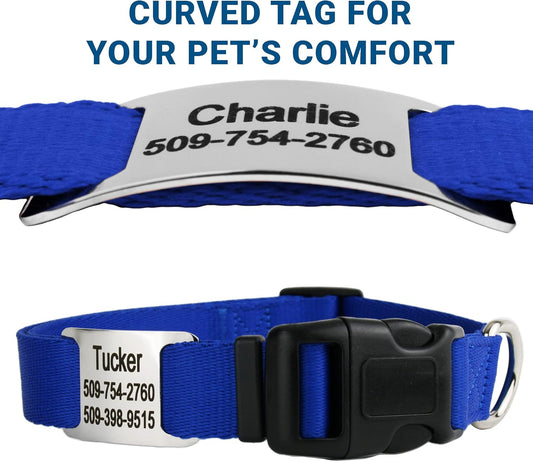 GoTags Personalized Dog Collar with Nameplate, Adjustable Dog Collar with Custom Engraved Slide On Pet ID Tag in Stainless Steel, Silent, No Noise Dog Tag for Large Medium and Small (Blue, Large)