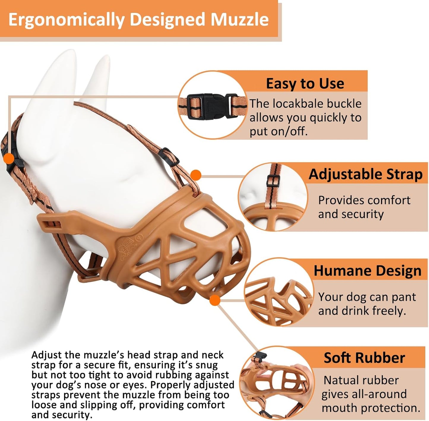 BARKLESS Dog Muzzle, Basket Muzzle for Biting, Chewing and Scavenging, Humane Cage Mouth Cover, Perfect for Grooming and Training Small, Medium, Large Aggressive Reactive Dogs (M, Brown)