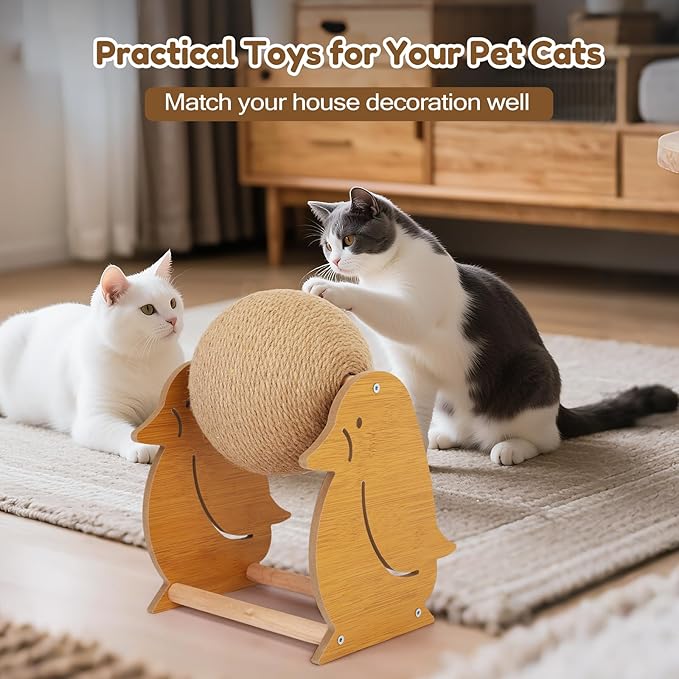 Outamateur Cat Scratching Ball Toy, Sisal Scratching Ball with Cute Stable Stand, Interactive Play and Exercise Toy for Kittens, Cats, Small Pets (Penguin)