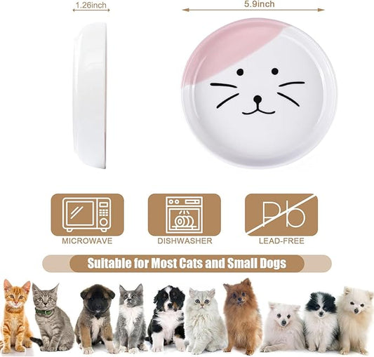 Shallow Ceramic Cat Bowls, 5.9 Inch Wide Cat Dishes Whisker Friendly, 3 Pack Pet Food and Water Plates with Non Slip Mats