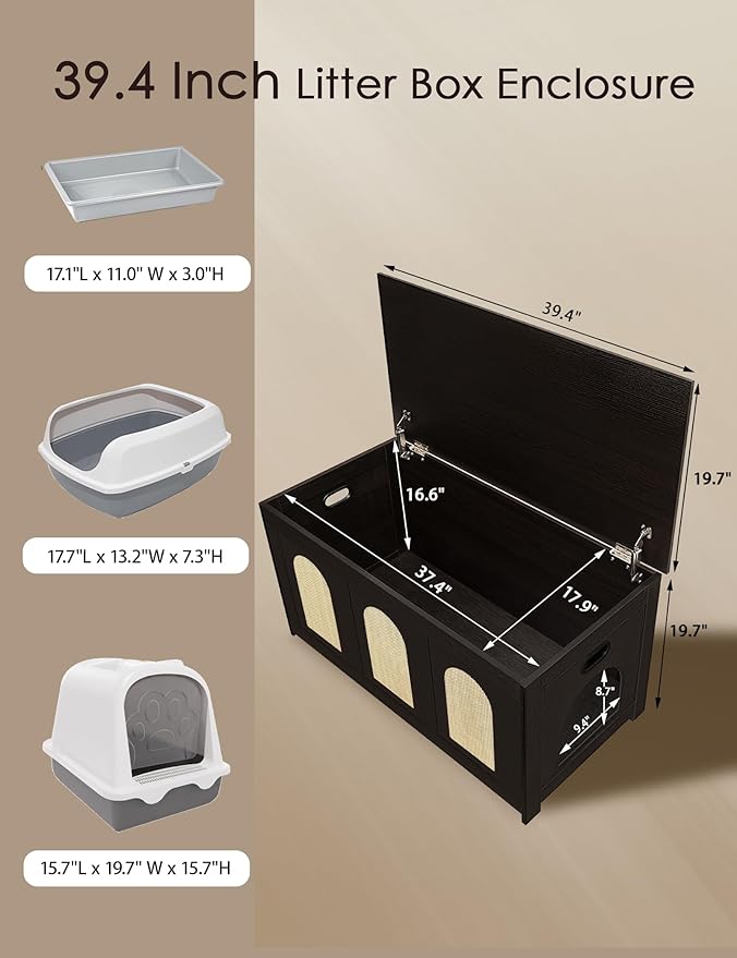 DINZI LVJ Cat Litter Box Enclosure, Flip Top Litter Box Furniture, Rattan-Like Hidden Cat Washroom, Wooden Pet House, End Side Table, 39.4"L x 19.7"W x 19.7"H, Easy to Assemble, Espresso with Rattan