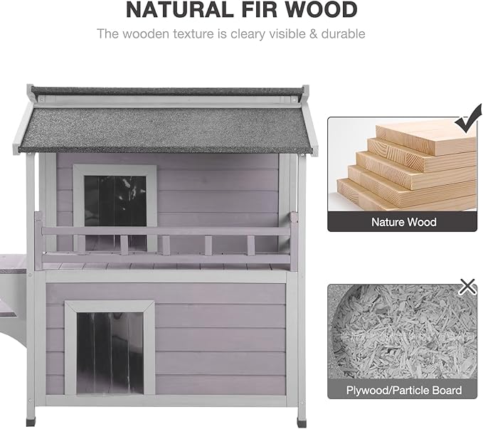 Outdoor Cat House with Large Balcony, Two-Story Cat Shelter with Waterproof Roof and Stairs, Wooden Feral Cat Home with Escape Door