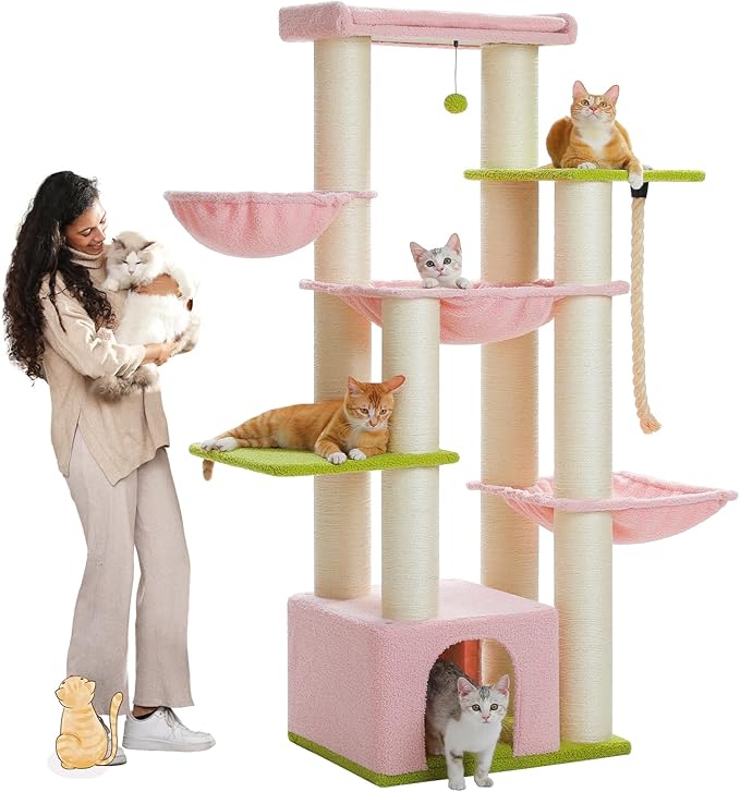 Pink Cat Tree for Large Cats 20 lbs, 67-Inch Tall Heavy Duty Cat Tower with 13 Thick Sisal Scratching Posts (φ4.3), Maine Coon Cat Tree for Indoor Cats, 2 Platforms, 3 Hammocks, Perch, Condo