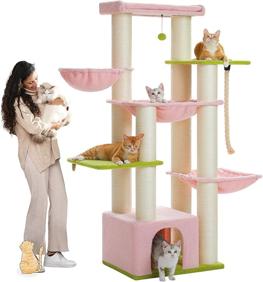 Pink Cat Tree for Large Cats 20 lbs, 67-Inch Tall Heavy Duty Cat Tower with 13 Thick Sisal Scratching Posts (φ4.3), Maine Coon Cat Tree for Indoor Cats, 2 Platforms, 3 Hammocks, Perch, Condo