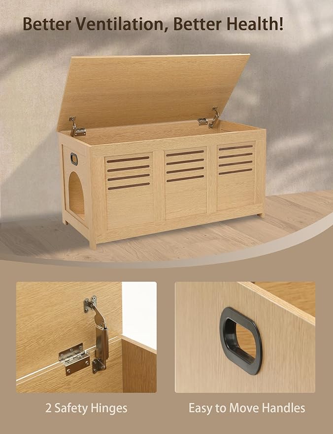 DINZI LVJ Litter Box Enclosure, Flip Top Litter Box Furniture, Hidden Cat Washroom, Wooden Cat House, End Table, 39.4" L x 19.7" W x 19.7" H, Good Ventilation, Easy to Assemble, Natural