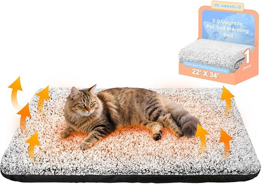 Self Warming Pet Bed for Cats & Dogs, Heated Pet Mat, 2.0 Upgraded Dual-Layer Thermal Foil Heating Pad, Plush Self-Heating Bed for Crate, Floor, with Removable Washable Cover, Non-Slip, Gray, 22"x34"