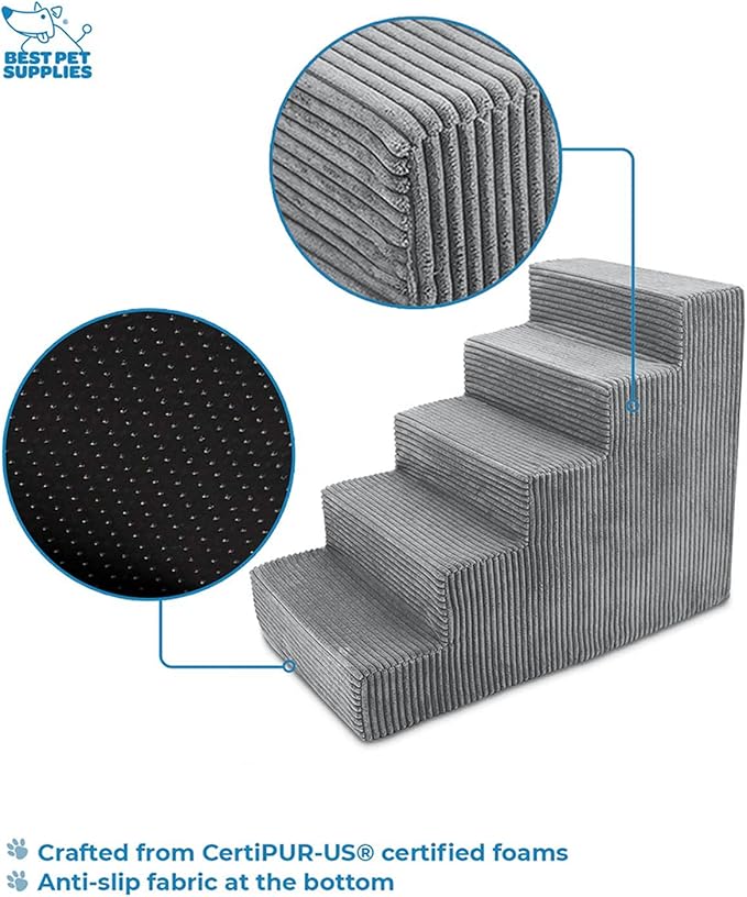 Best Pet Supplies Dog Stairs & Steps - CertiPur-US Made in USA Foam Steps for Small Dogs & Cats, Non-Slip Indoor Balanced Pet Step Support, Dog Ramp, No Assembly, Gray, 5-Step (22.5-inch Height)