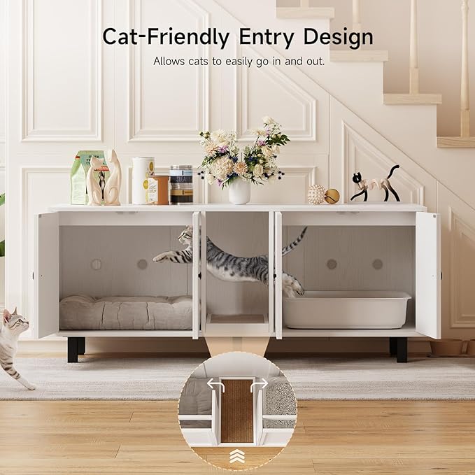 59 Inches Cat Litter Box Enclosure for 2 Cats, Hidden Litter Boxes Furniture with Cat Scratch Pad, Large Indoor Pet House with Double Room, Wooden TV Stand Side Table, Off White