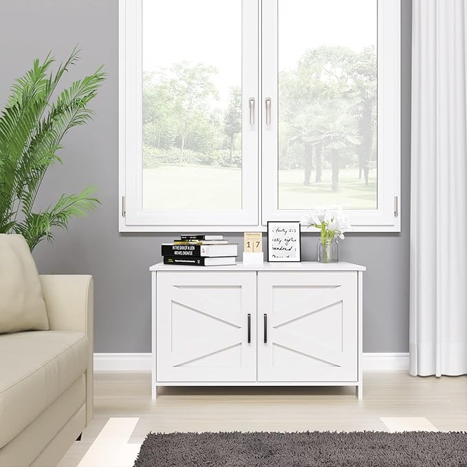 Homhedy Cat Litter Box Enclosure, Wooden Cat Washroom Furniture with Barn Door, Pet House, Fit Most of Litter Box, White