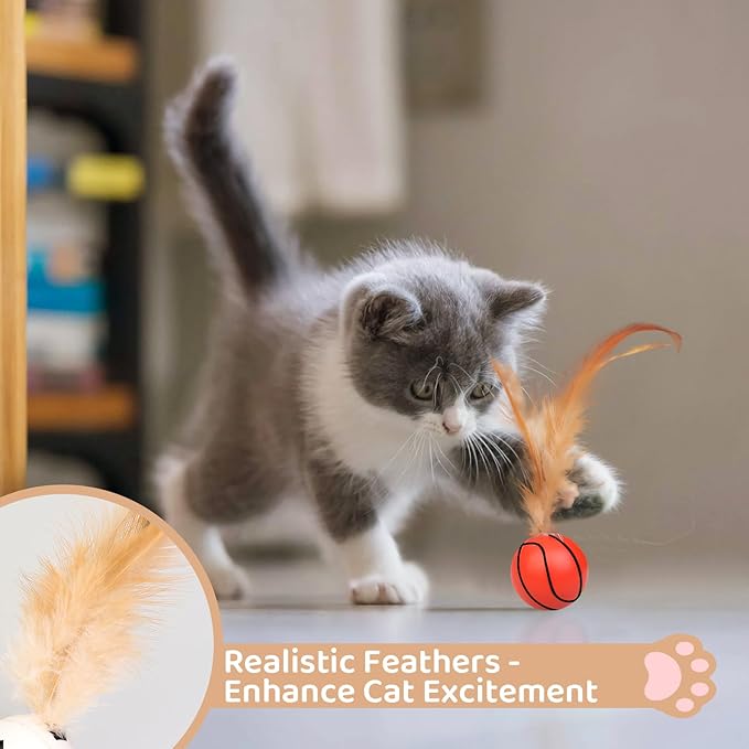 6PCS Interactive Feather Ball Toy for Cats, New Cat Bouncy Ball with Feather Tails, Elastic Cat Toy Balls for Indoor, Rolling Balls for Cats Playing Exercise