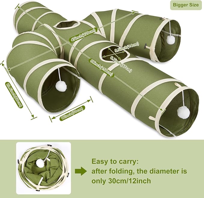 Ownpets Cat Tunnel Large 12 inch Diameter, Cactus-Shaped Cat Tunnel Toy, Sturdy Oxford Fabric Collapsible Cat Tunnels for Indoor Cats, Interactive Peek Hole Pet Tunnel Tube with Cat Wand Toy, Green