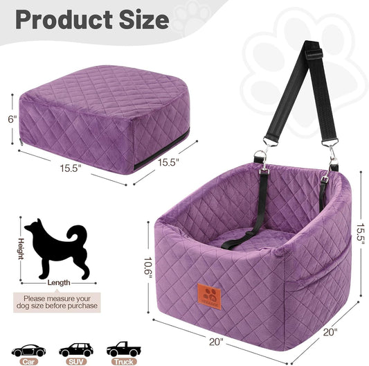 Dog Car Seat for Small Medium Dogs, Memory Foam Pet Booster Seat for Dogs up to 35 lbs, Elevated Dog Carseat, Travel Safety Bed with Washable Removable Cover and Storage Pockets (Purple)