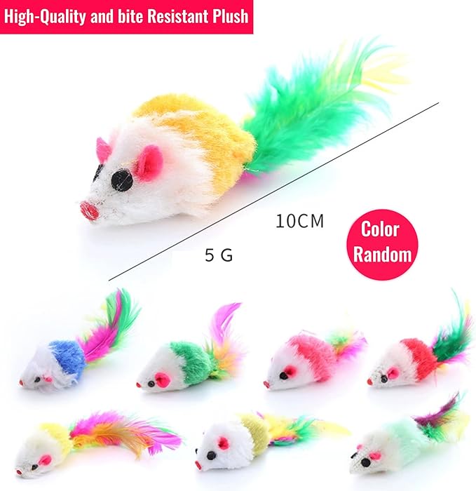 Cat Toys, 6 Pack Furry Rattle Mouse Toy Interactive Cat Toy with Feather Tail, 6 Assorted Faux Fur Kitten Toy 5.5” Realistic Size Mini Mice Cat Toy for Bored Indoor Adult Cat