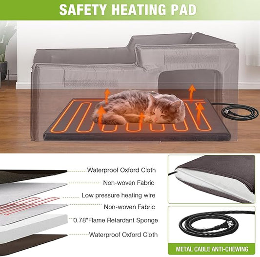 GUTINNEEN Heated Cat House with Insulated Liner Outdoor Cat House with Anti-Bite Cable Weatherproof Cat Shelter with Heater Feral Cat House for Winter