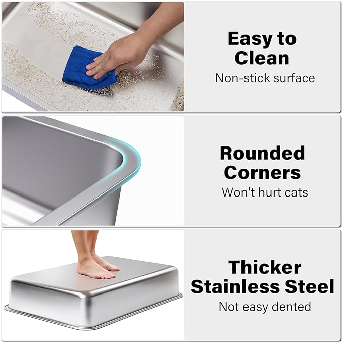 Stainless Steel Litter Box, 28" X 20" X 6" Steel Litter Box XXL No Smell, Extra Large Metal Litterbox for Big Cat, Multiple Cats, Non Stick, Easy Cleaning